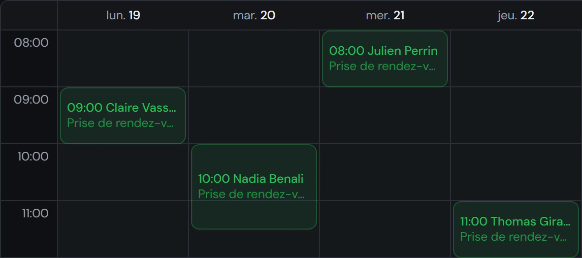 Quatre jours du calendrier, de 8 h à midi, avec les rendez-vous pris par téléphone : heure et nom du client.